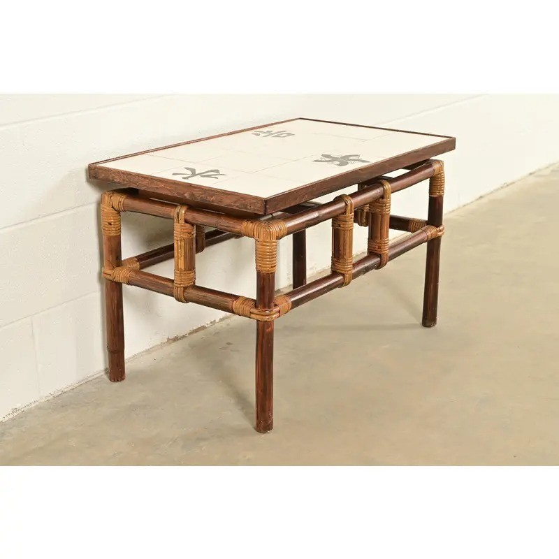 John Wisner for Ficks Reed Hollywood Regency Tile Top Side Table, 1950s