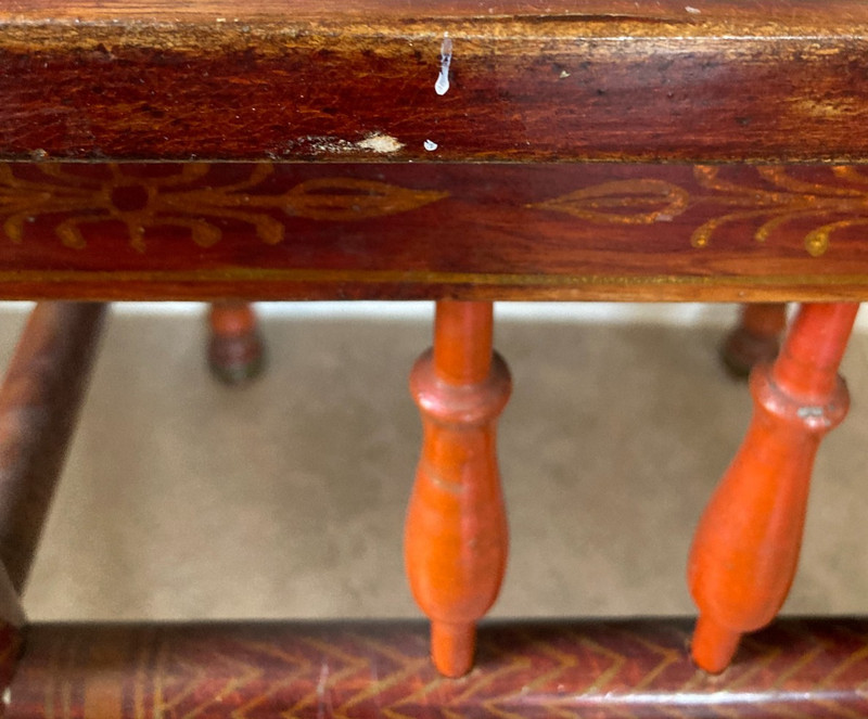 Vintage 18” Sankheda India Red and Gold End Table Lacquered Teak Marquetry Inlay gallery