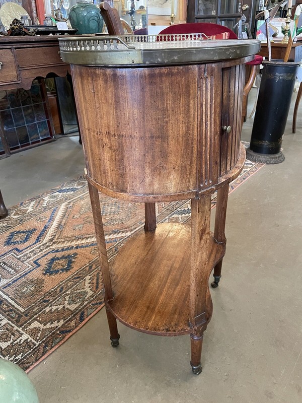 Early 19th Century French Oval Fruitwood Marble Top Side Table w/ Tambour Door gallery