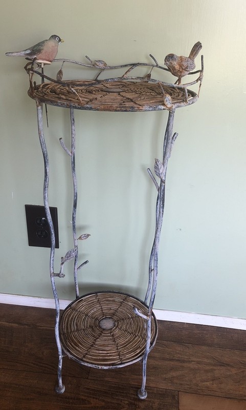Vintage Iron 2 Tier Rattan Plant Stand 29” Tall, Rustic Birds, Shabby Chic