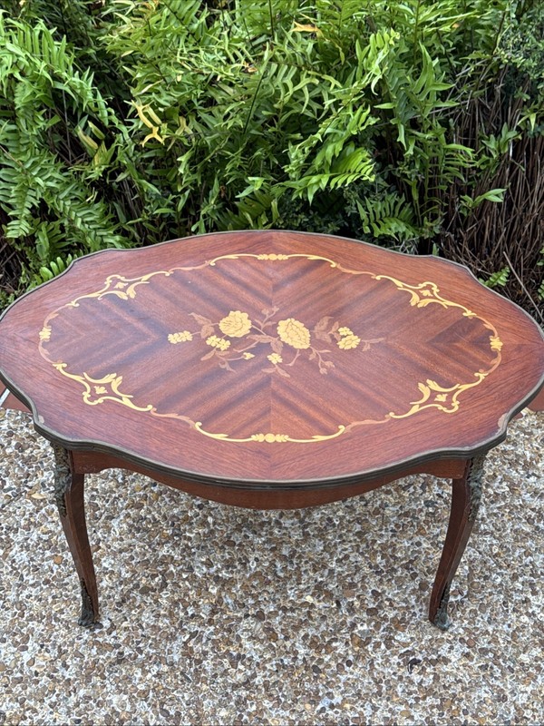 Antique Louis XV Style Coffee Table In Laid Wood Ormolu Marquetry Made in Spain gallery