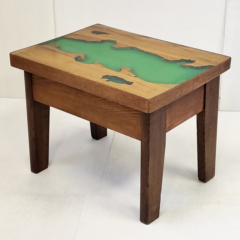 Vintage 1970 Epoxy Resin Green Side Table & Solid Oak 70S Brutalist