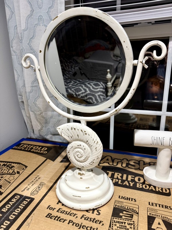 Vintage White Metal Shell Table Mirror - Factory Distressed, 19”(H) x 15.5”(W) A gallery