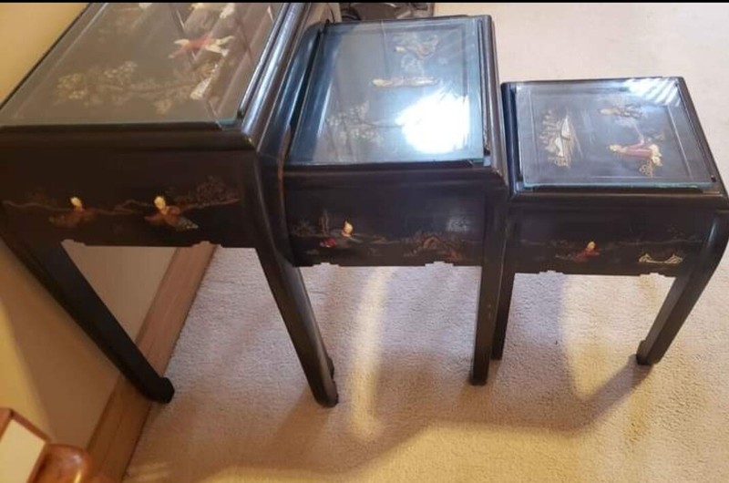 CHINESE NESTING STACKING TABLE MOTHER OF PEARL JADE STONE CARVINGS SET 3 VINTAGE gallery