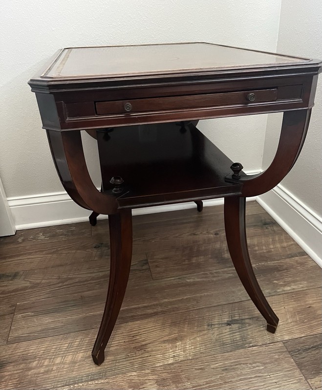 Vintage Mid Century Mahogany Side Table Leather Top Inlay Pull Out Tray Original gallery
