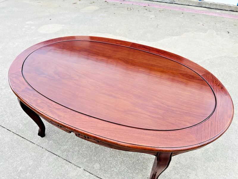 Beautiful Mid Century Modern Chinese Solid Rosewood Oval Carved Coffee Table gallery