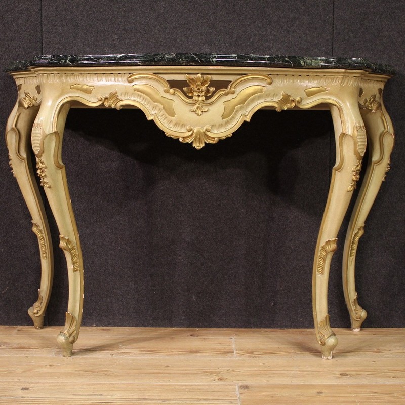 Italian console furniture table in lacquered gilt wood marble top 20th century gallery