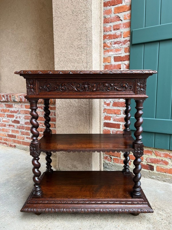 Antique English Server Console Table Jacobean Carved Oak Barley Twist c1900 gallery