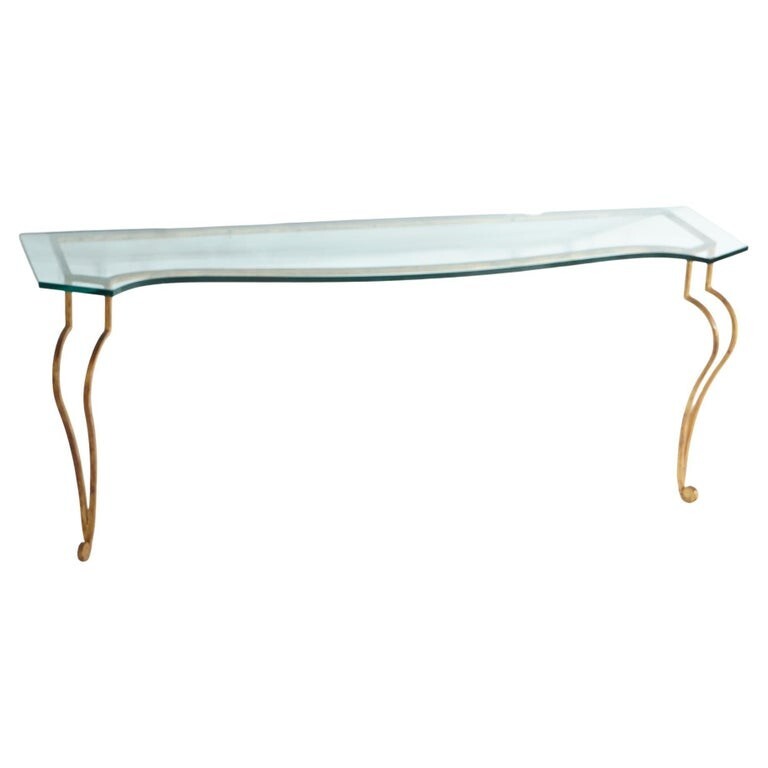 Italian Gold Gilt Wrought Iron Console Table with Glass Top 20thC