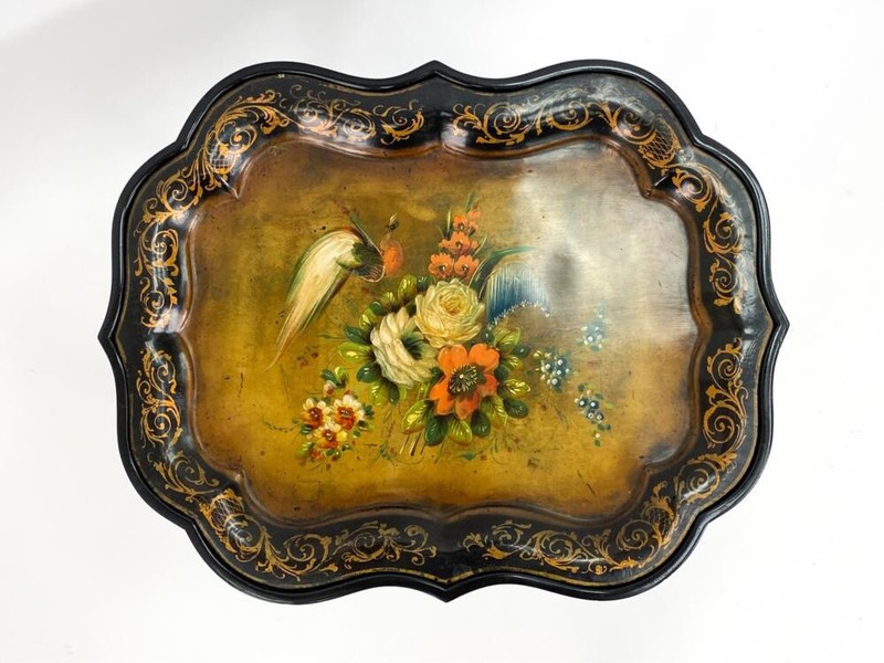 19th Century Hand Painted Tole Tray Top and Bamboo Base Coffee Table gallery