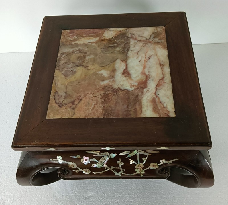 Small gorgeous low chinese side bonsai table marble top mother of pearl wood vin gallery