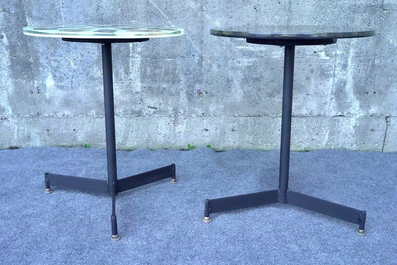 Mid Century Modern Stone Mother of Pearl Agate Resin Pedestal End Tables - 16" gallery