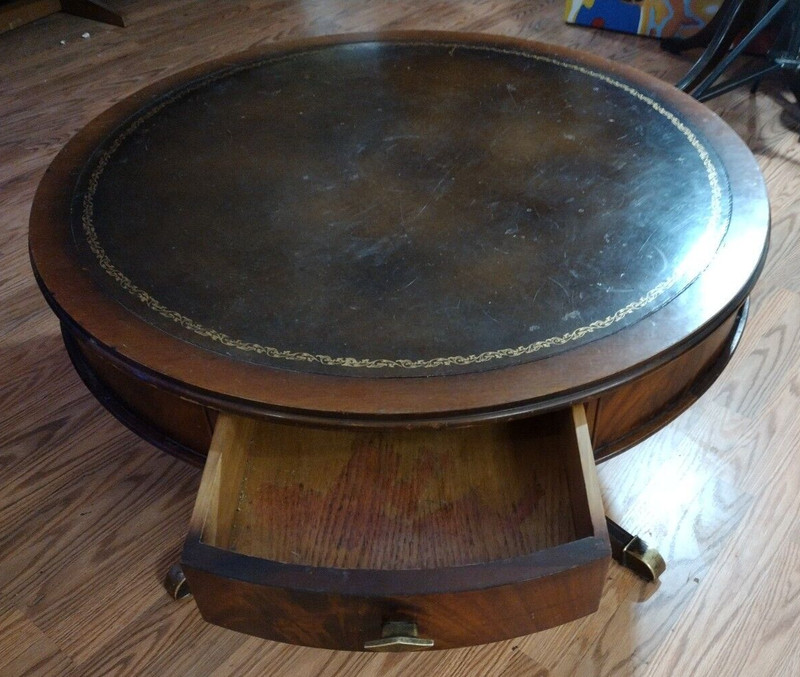 Antique Inlaid Leather Top Double Drawer Mahogany Drum Center Coffee Table VTG gallery