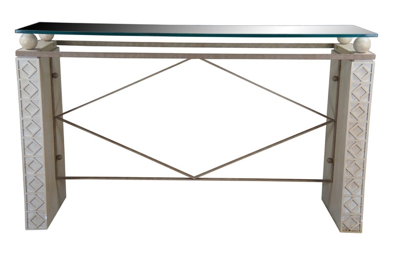 Mid Century Post Modern Limed Oak Iron Glass Console Sofa Table 64″