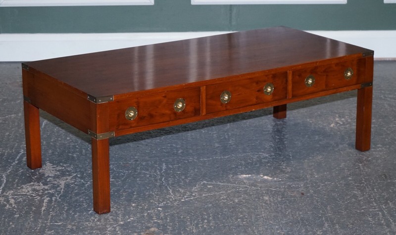 RESTORED BURR YEW & ELM BRASS MILITARY CAMPAIGN 3 DRAWER COFFEE TABLE gallery