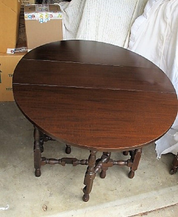 Beautiful Antique Dark Mahogany Round 48" Drop Leaf Gate Leg Table w One Drawer gallery