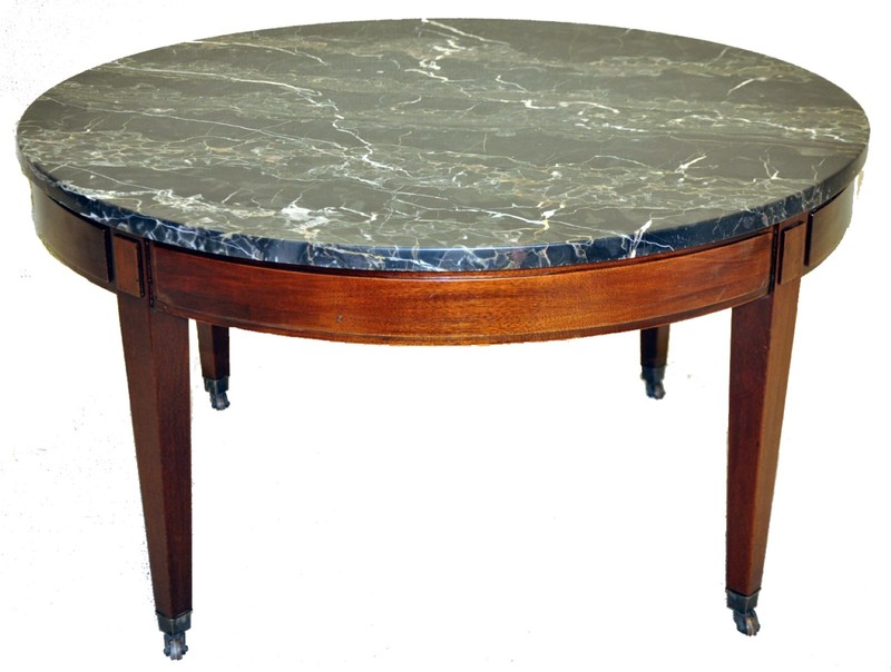 Regency Mahogany Round Coffee Table With Original Portoro Marble Top, c. 1940’s