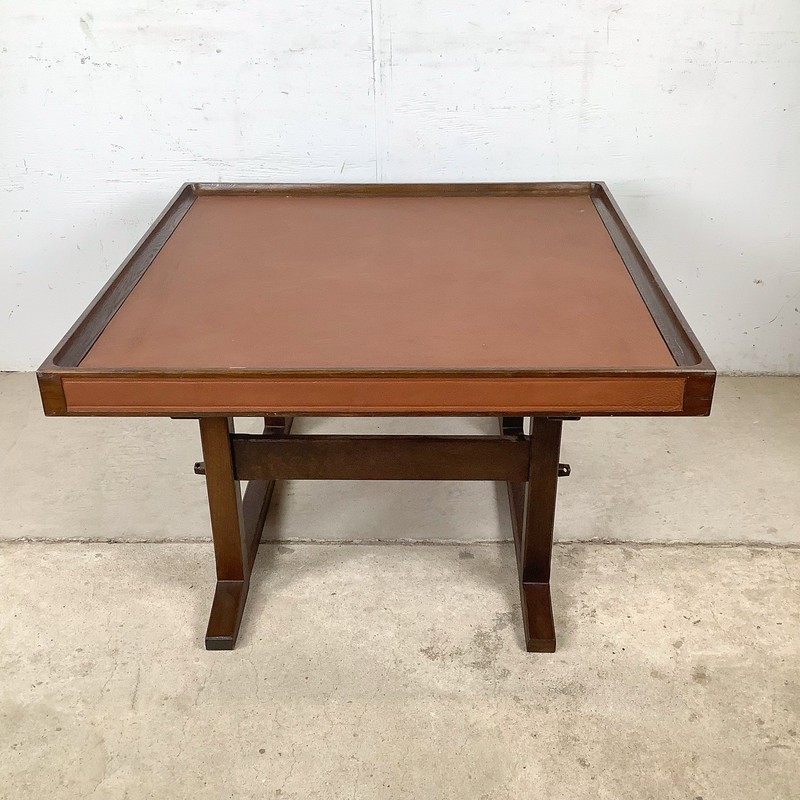 Vintage Studio Made Square End Table Cognac Leather Top Trestle gallery