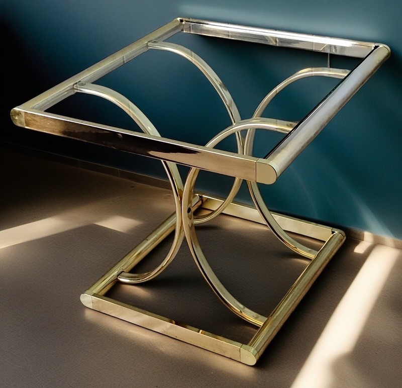 1960s Hollywood Regency Gold Tone Brass & Glass End Side Table w/Bent Arch Base