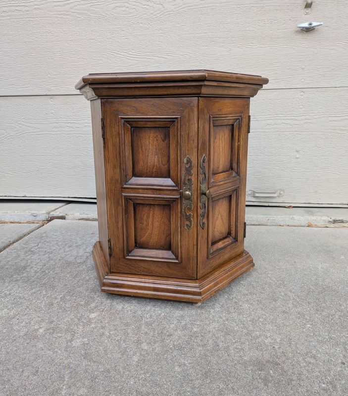Vintage Hekman Rustic Spanish Colonial Drum Storage Cabinet Hexagon Table Doors gallery