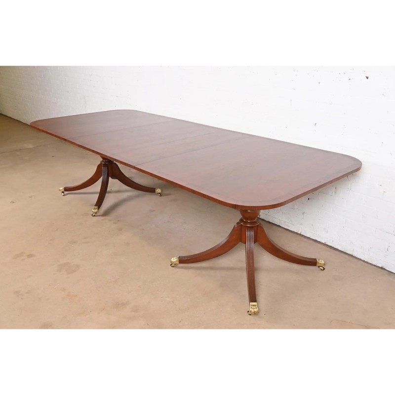 Baker Furniture Style Georgian Banded Mahogany Double Pedestal Dining Table