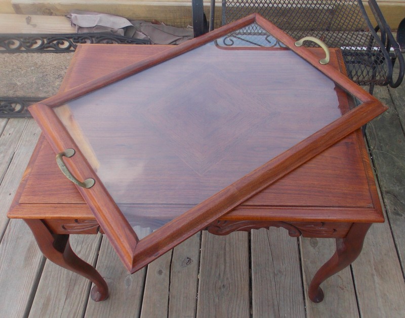 Carved Walnut Coffee Table with Glass Serving Tray (RP-CT-155) gallery
