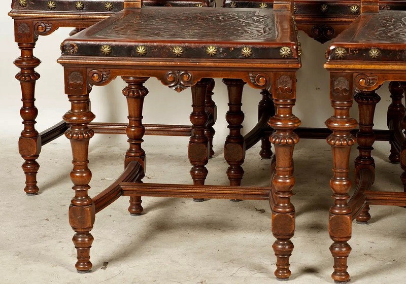 Spanish Revival Leather Embossed Carved Dining Chairs-Set of 6 gallery
