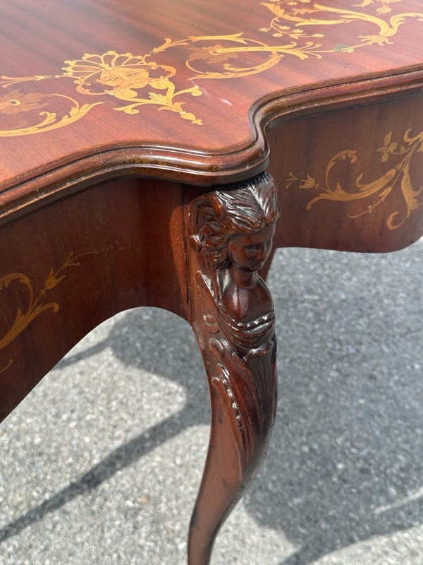 Antique Horner Style Inlaid Parlor Table Victorian Figural Carved 1890 gallery