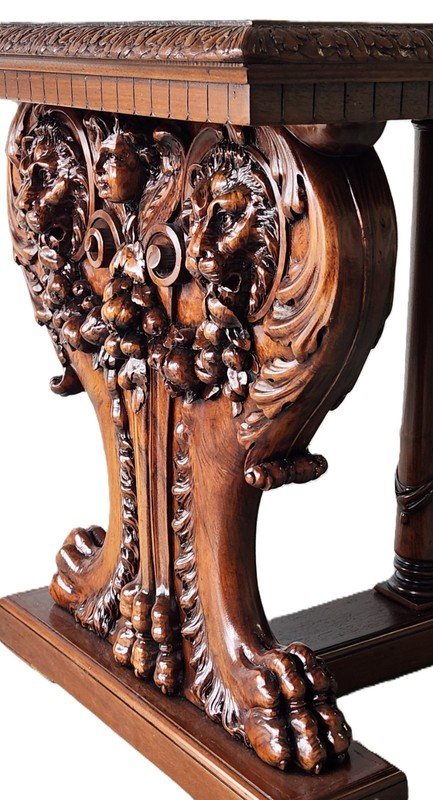 Library Table, Renaissance, Lions, Cherub, Carved Walnut, Century Furniture, 73" gallery