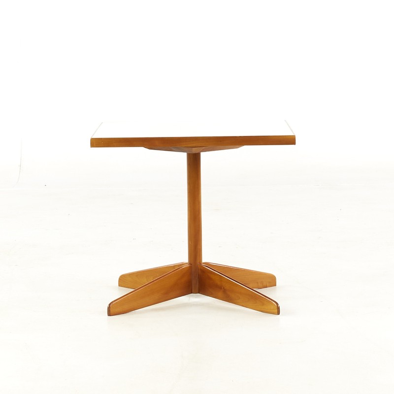 Edward Wormley Style Mid Century Walnut and White Laminate End Tables - Pair gallery