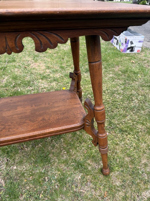 Antique Victorian 2-Tier Parlor Table ~ Nice Carved Oak Wood Apron & Brackets gallery