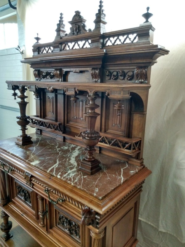Antique French Renaissance Henry ll Walnut Heavily Carved Marble Top Server 1890 gallery
