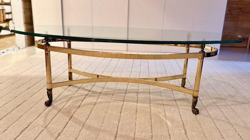 Vintage Labarge Hollywood Regency Brass & Glass Hooved Feet Coffee Table 60’MCM gallery