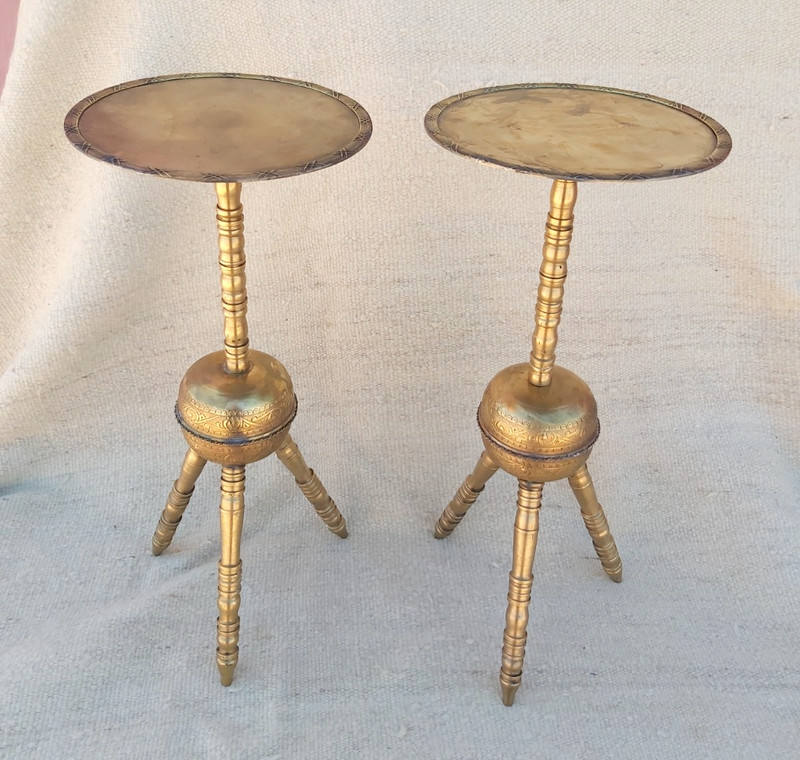 Handmade Pair Moroccan Brass Heavy Tea Table Tripod Stand Middle Eastern Etched gallery