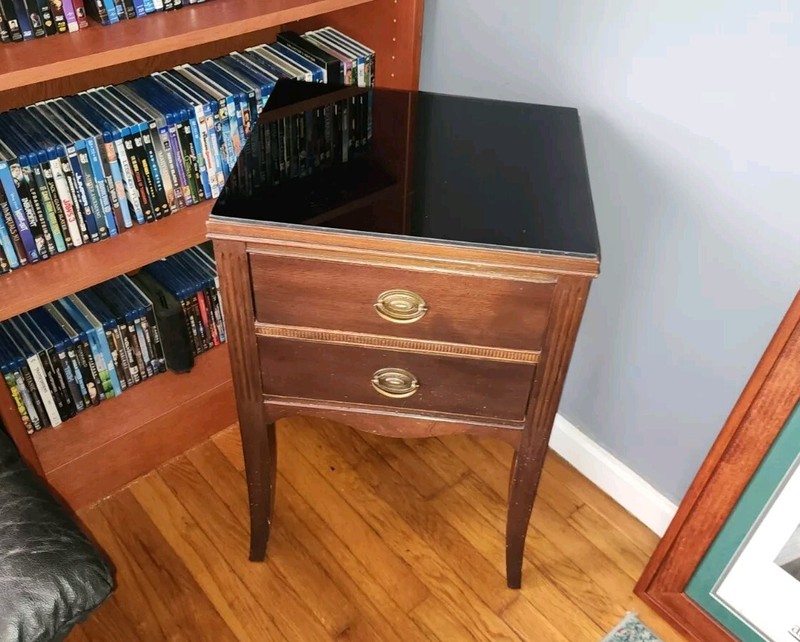 Antique Hardwood 2 drawer side table with Curved Legs & Black Glass Top
