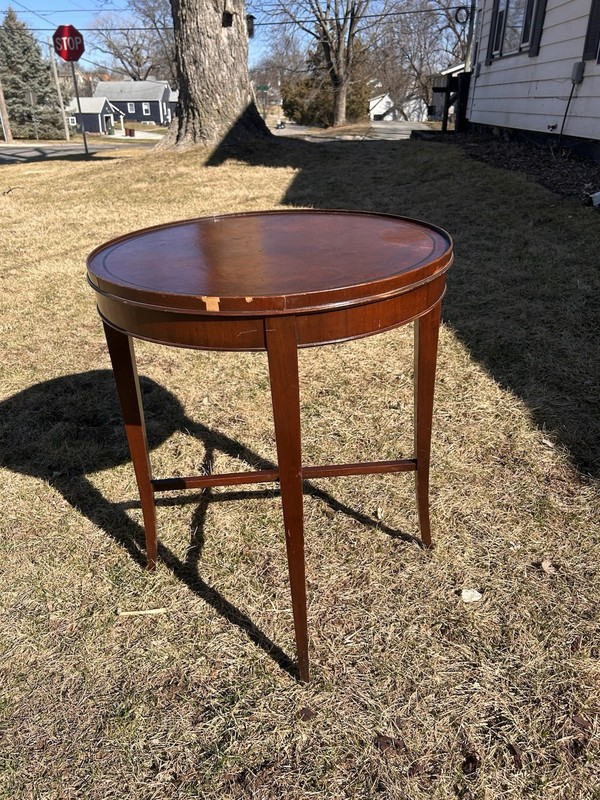 Art Deco Mahogany Round Side Table Leather Top Inlay Occasional Vintage