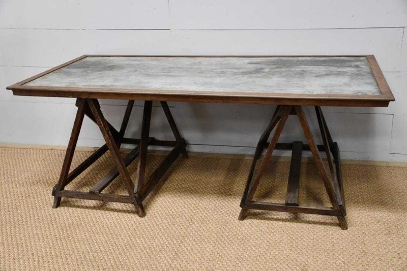 Antique French Industrial Drafting Table Sawbuck Saw Horses