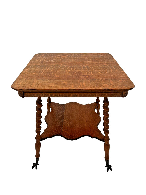 Antique Victorian Table bottom shelf Oak Barley Twist legs Glass Ball Claw feet gallery
