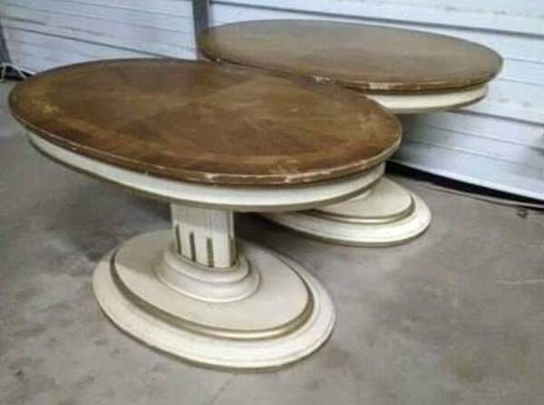 Walnut Wood Shabby Chic Oval Stands Pedestal Vtg End Tables Rapids Furniture Co gallery