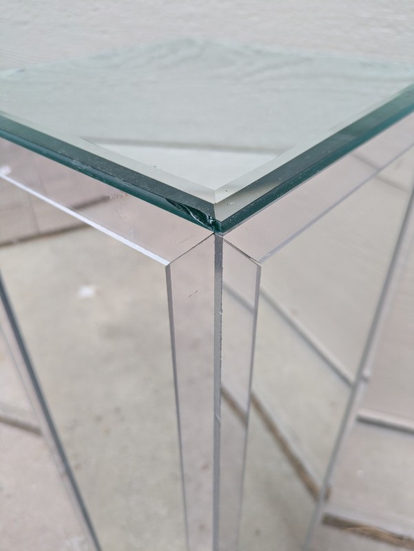 Vtg Hollywood Regency Mirrored Pedestal Plant Stand Table Beveled Glass Column gallery