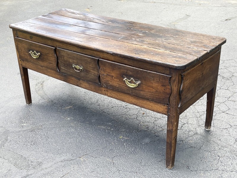 Antique French Three Drawer Planked-Top Server Console Table gallery