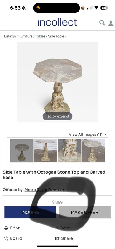 1970’s Side Table With Octagon, Stone, Top And Carved Base ￼