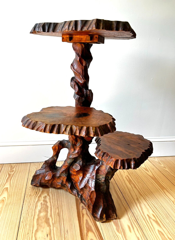 Vtg Large 34″ H MCM Japanese Tree Root 3 Tier Hand Carved Wood Side Table/Stand