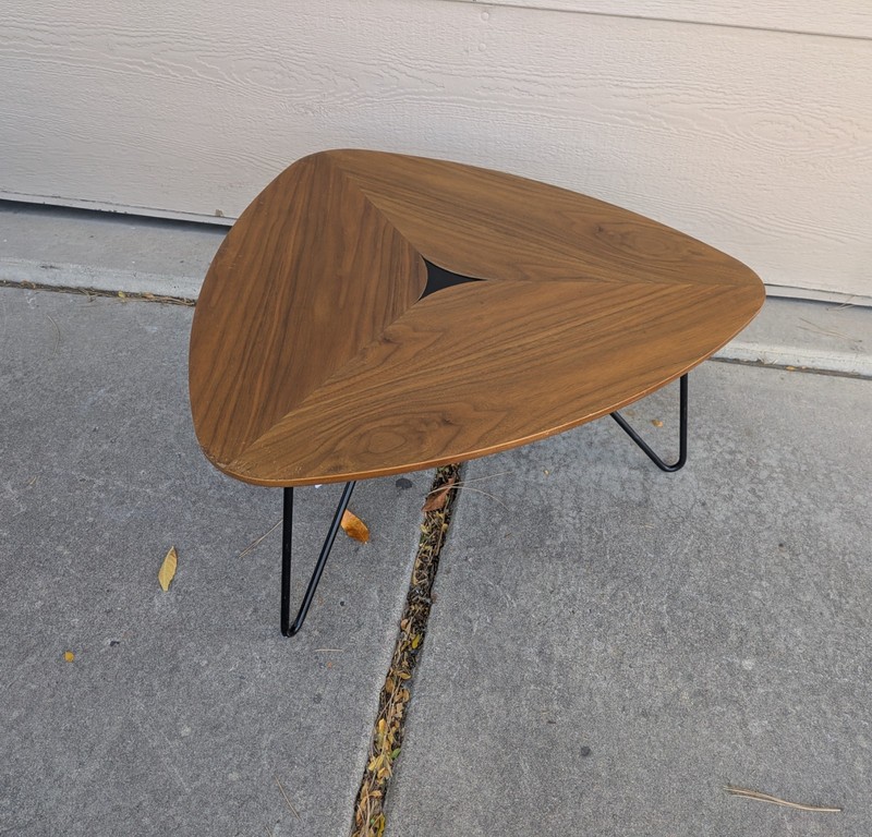 Mid Century Modern Style Guitar Pick Triangle Walnut Coffee Table Iron Legs K82 gallery