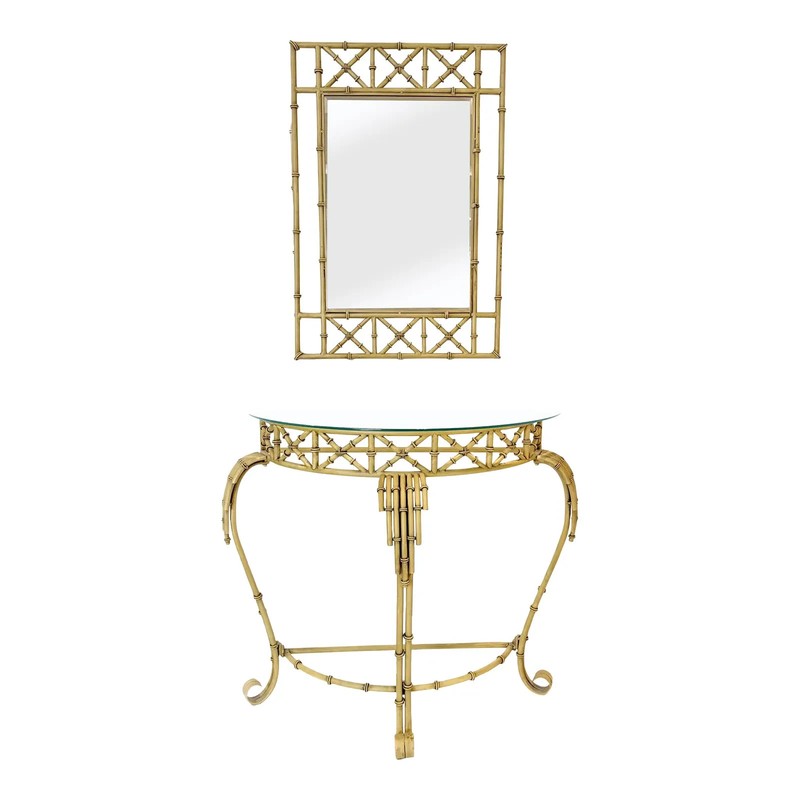 Hollywood Regency Faux Bamboo Demilune Entry Console Table with Mirror