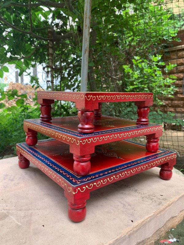 Stool For Pooja Handmade Indian Wooden Chowki Decorative Home Decor Bajot Art gallery