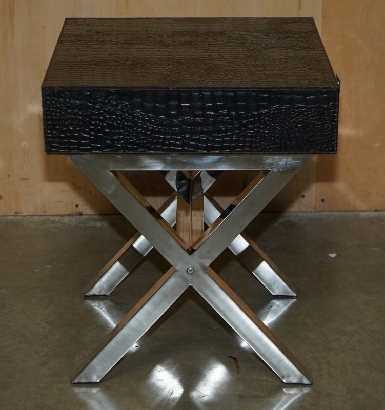 ANDREW MARTIN STYLE PAIR CHROME CROCODILE ALLIGATOR LEATHER PATINA SIDE TABLES gallery