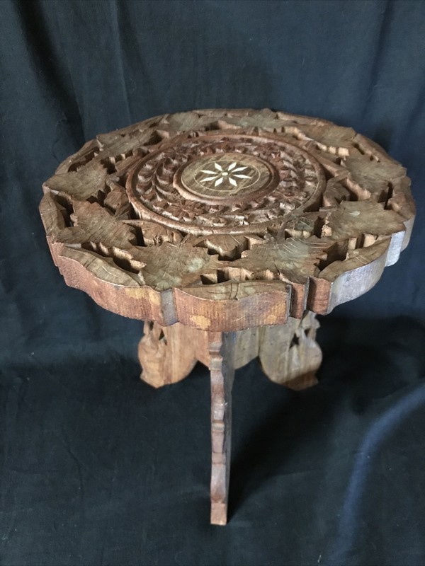 Antique Hand Carved Folding Indian Side Table Plant Stand 9" Dia 9.5" H
