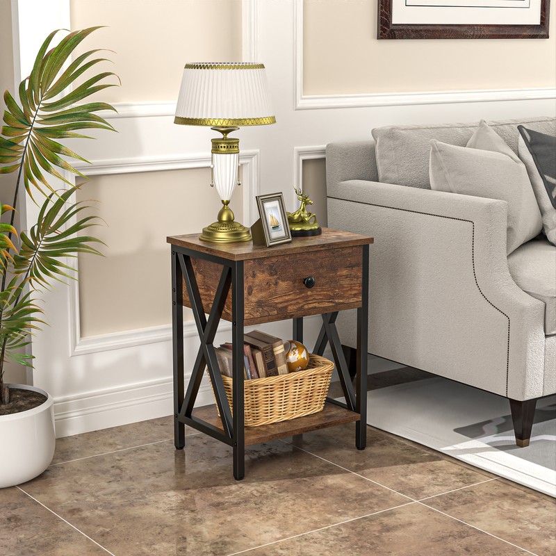 Set of 4 End Table X-Design Sofa Side Tables w/Drawer, Storage Shelf Metal Frame gallery