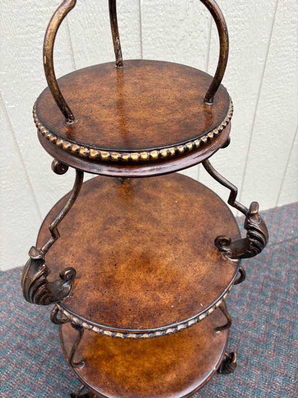 67831 Ornate Three-Tier Accent Table with Metal Scrollwork and Wood Finish gallery